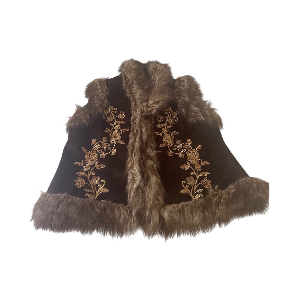 Velvet vest with fur trim and gold embroidered soutache and gold gems, INC